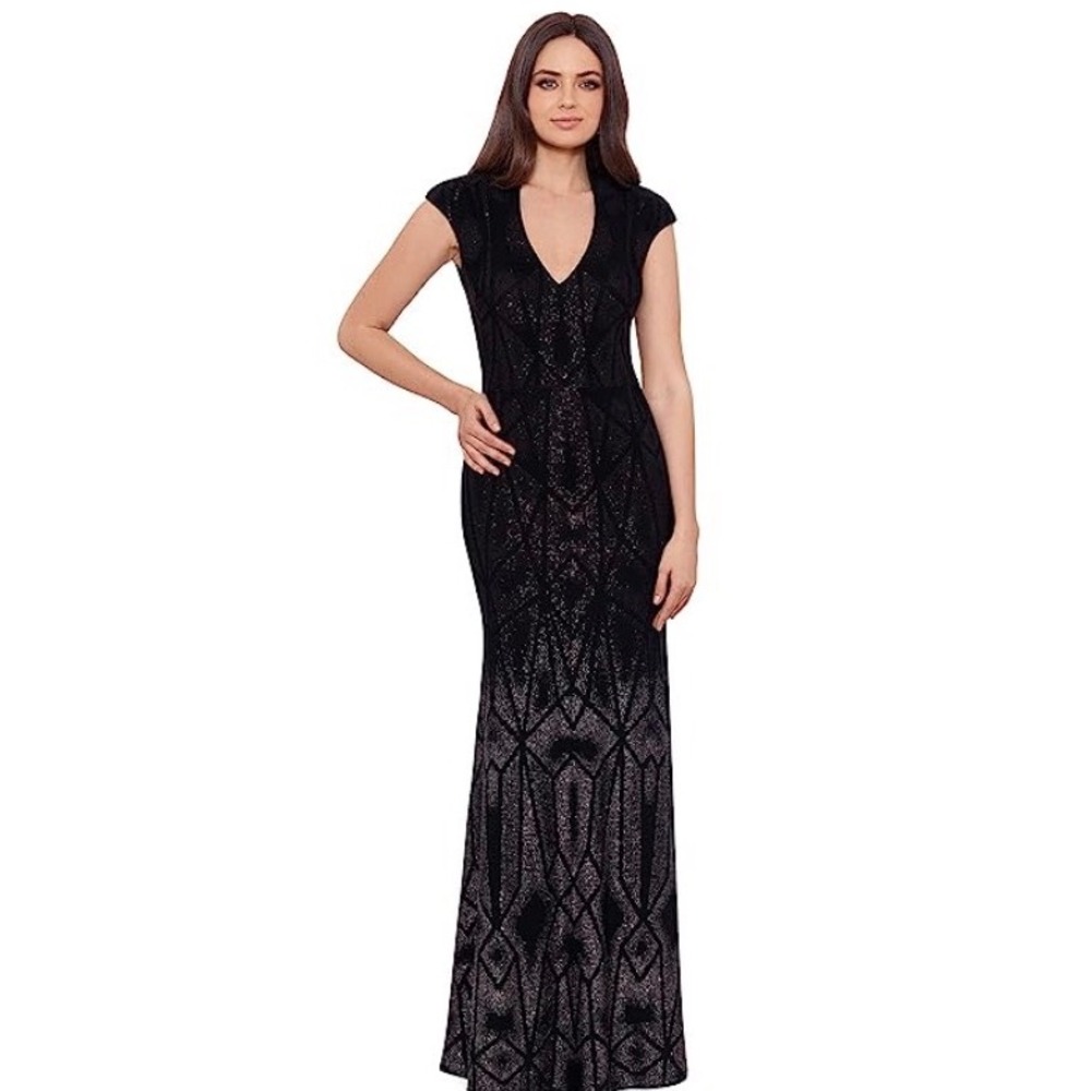 Betsy & Adam Black Rose Gold Glitter Art Deco Maxi Gown Cap Sleeve V-Neck 6